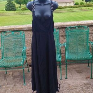 S.Roberts Vintage Long Black Maxi Dress with silver straps, sz 13/14